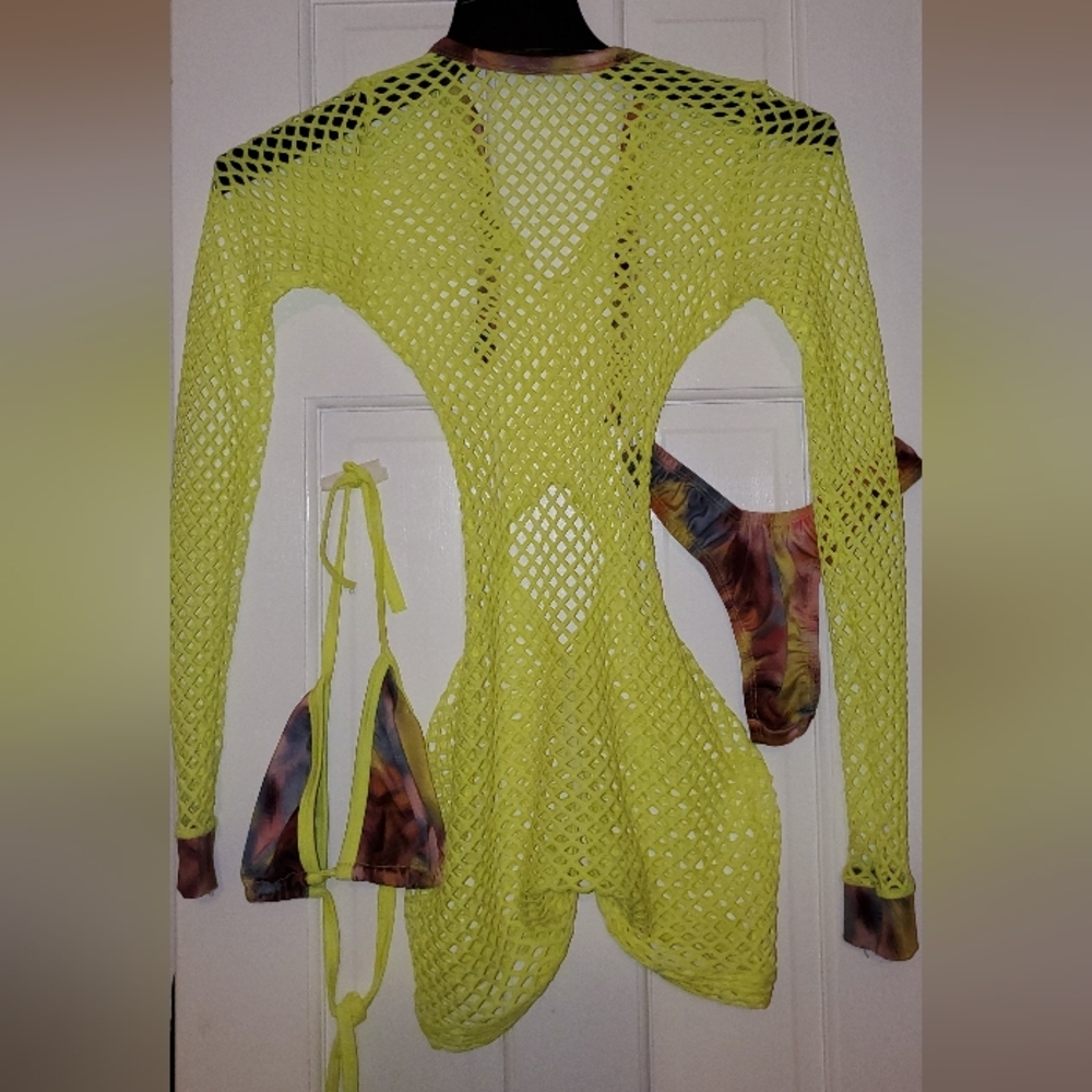 3 pices bright Yellow Fishnet/Green Stretch Fabric Bartender Outfit S